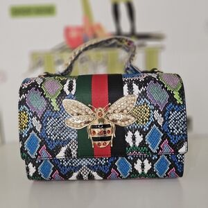 Multicolor Snake Print Handbag with Bee Accent